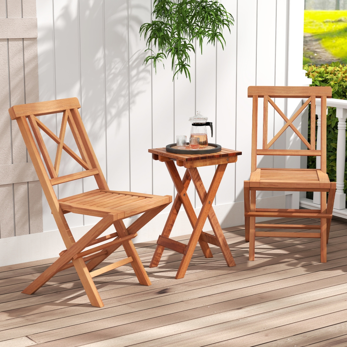 JV14476-2 Teak Wood Folding Patio Chairs with Sturdy Frame & Comfort Back for Garden - Set of 2