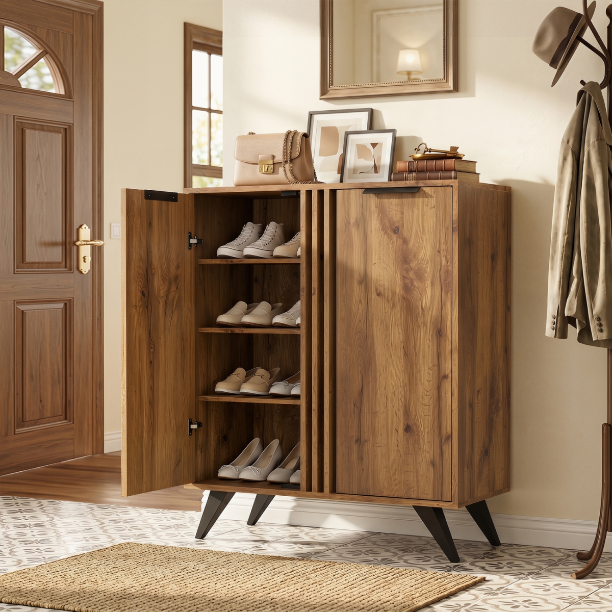 JV14616NA 4-Tier Modern Freestanding Hidden Shoe Cabinet with 2 Doors - Natural