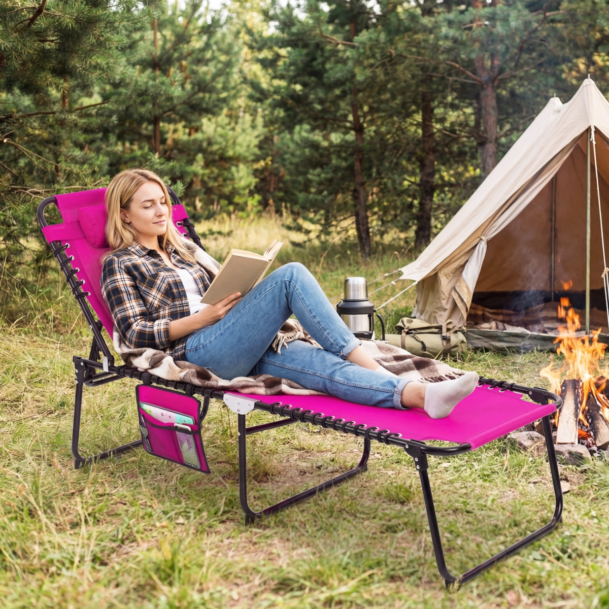 NP11676PI Patio Foldable Recline Lounge Chair with Adjustable Backrest & Footrest - Pink