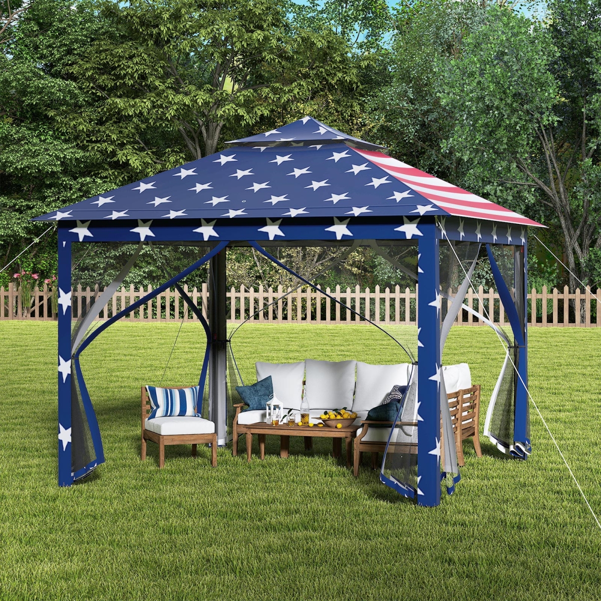 NP10470AM 11 x 11 ft. 2-Tier Pop-Up Gazebo Tent Portable Canopy Shelter Carry Bag Mesh - Blue