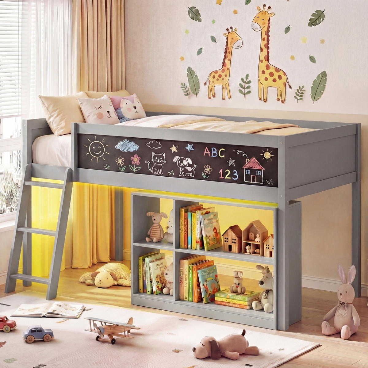HU11345GY-T Kids Loft Bed with LED Lights & Removable Bookcase - Gray - Twin Size