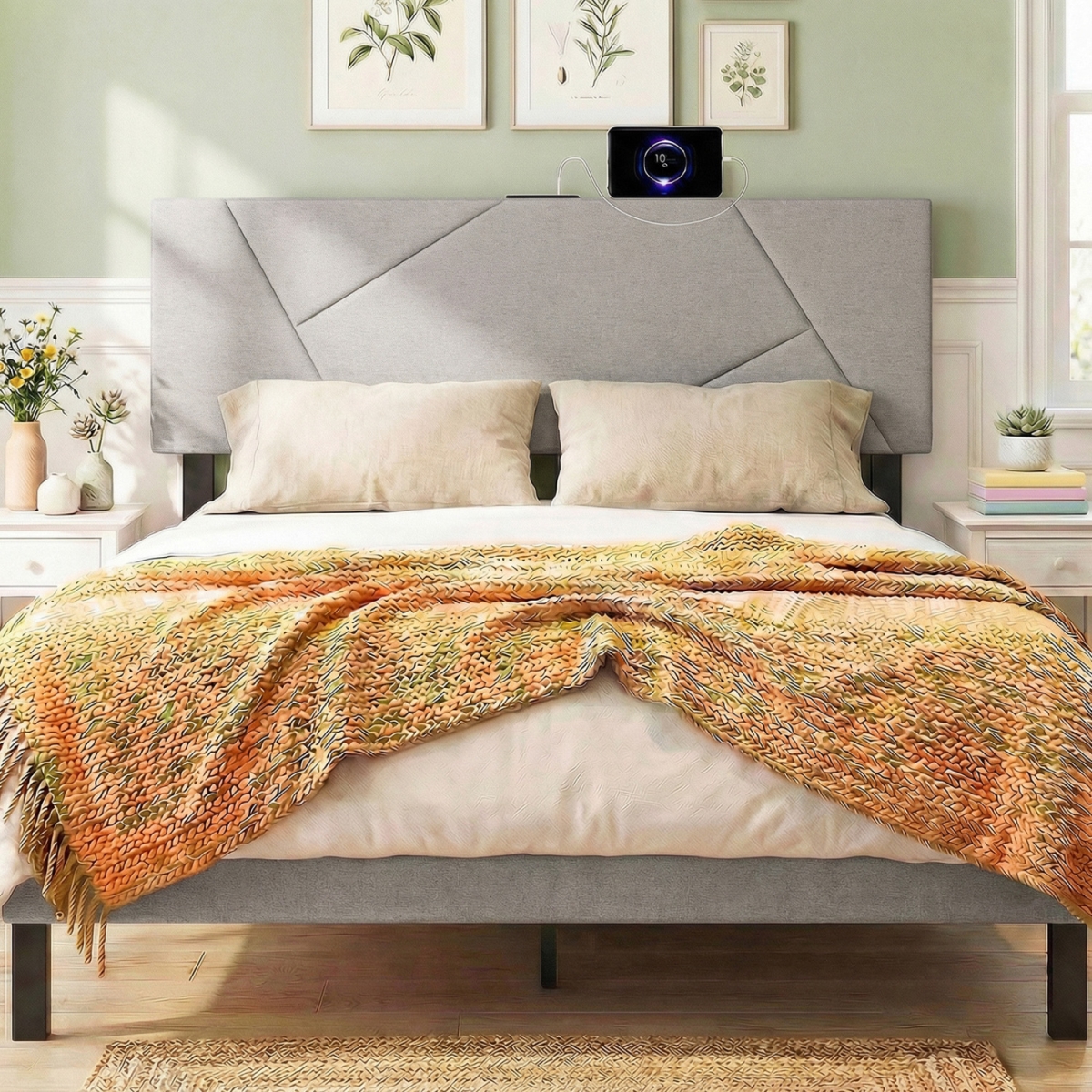HU11375GR Geometric Upholstered Headboard for Full & Queen Size Bed - Gray