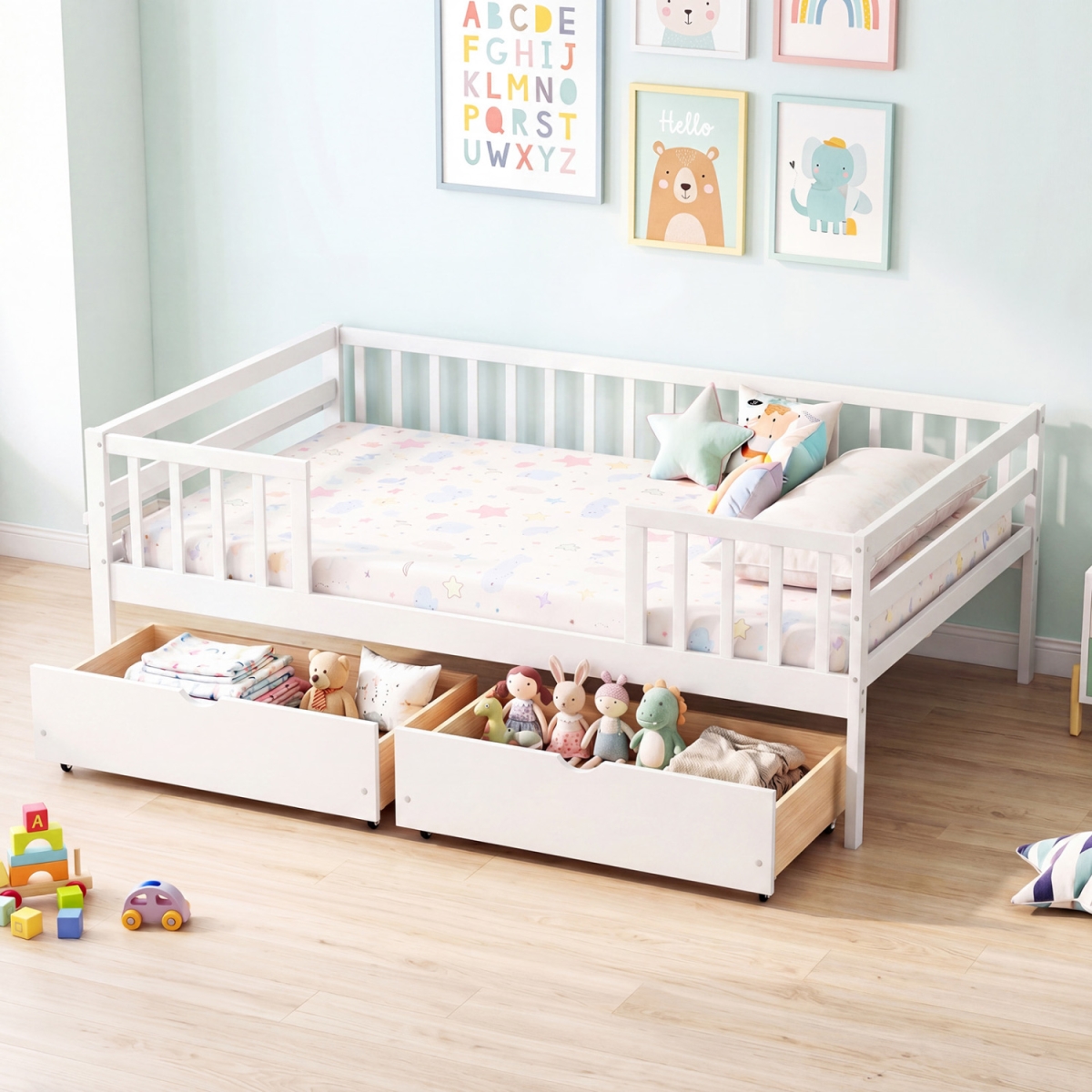 HU11383WH-F Full Size Daybed with Fence & 2 Drawers for Boys & Girls - White
