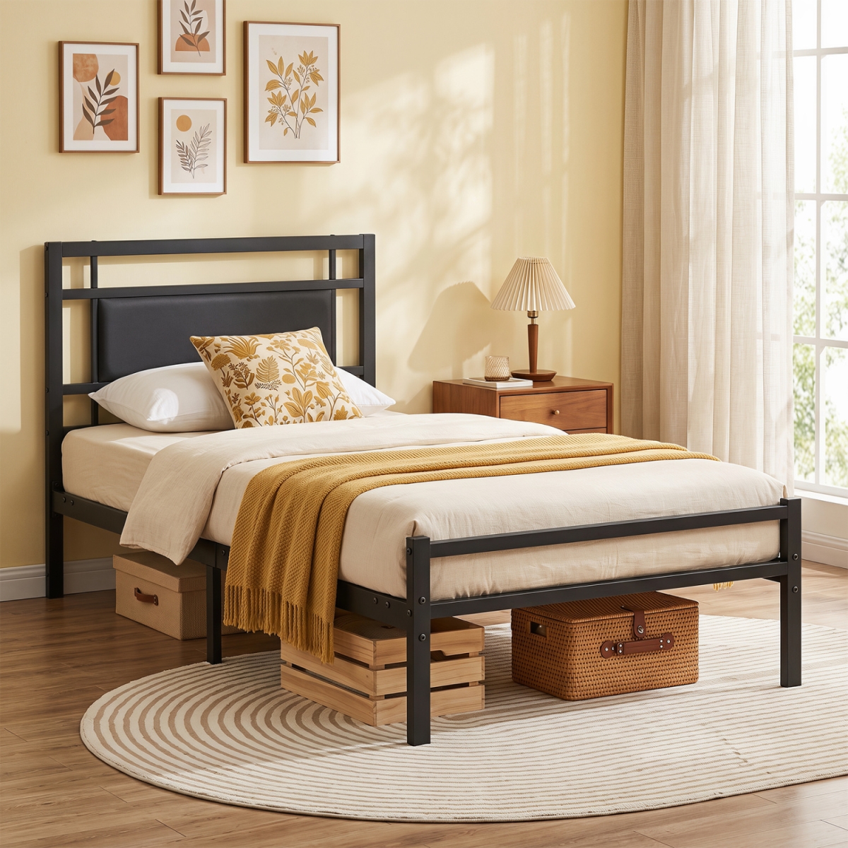 HU11412DK-T Metal Bed Frame with Upholstered Headboard - Twin Size