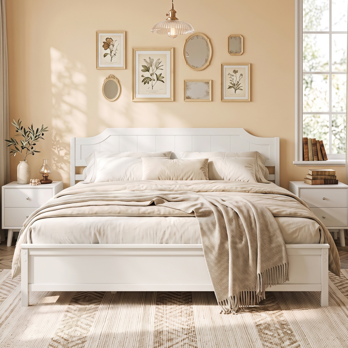 HU11499BS-K Solid Wood Platform Bed Frame with Headboard - White - King Size