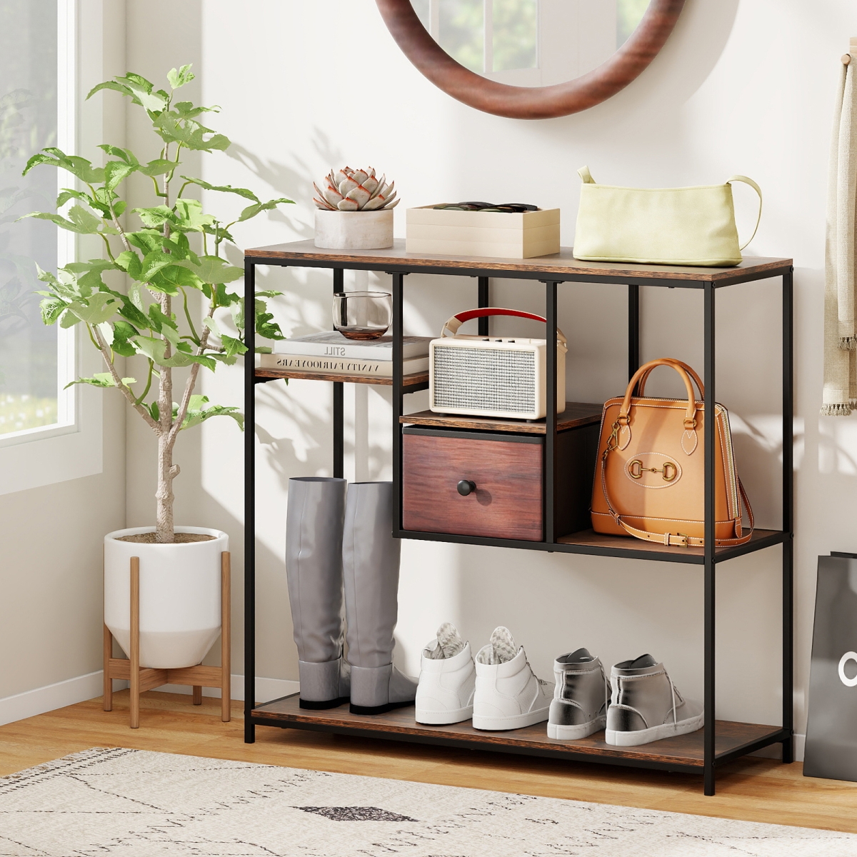 JV13287CF 40 in. Console Table Behind Sofa Couch with Storage - Rustic Brown