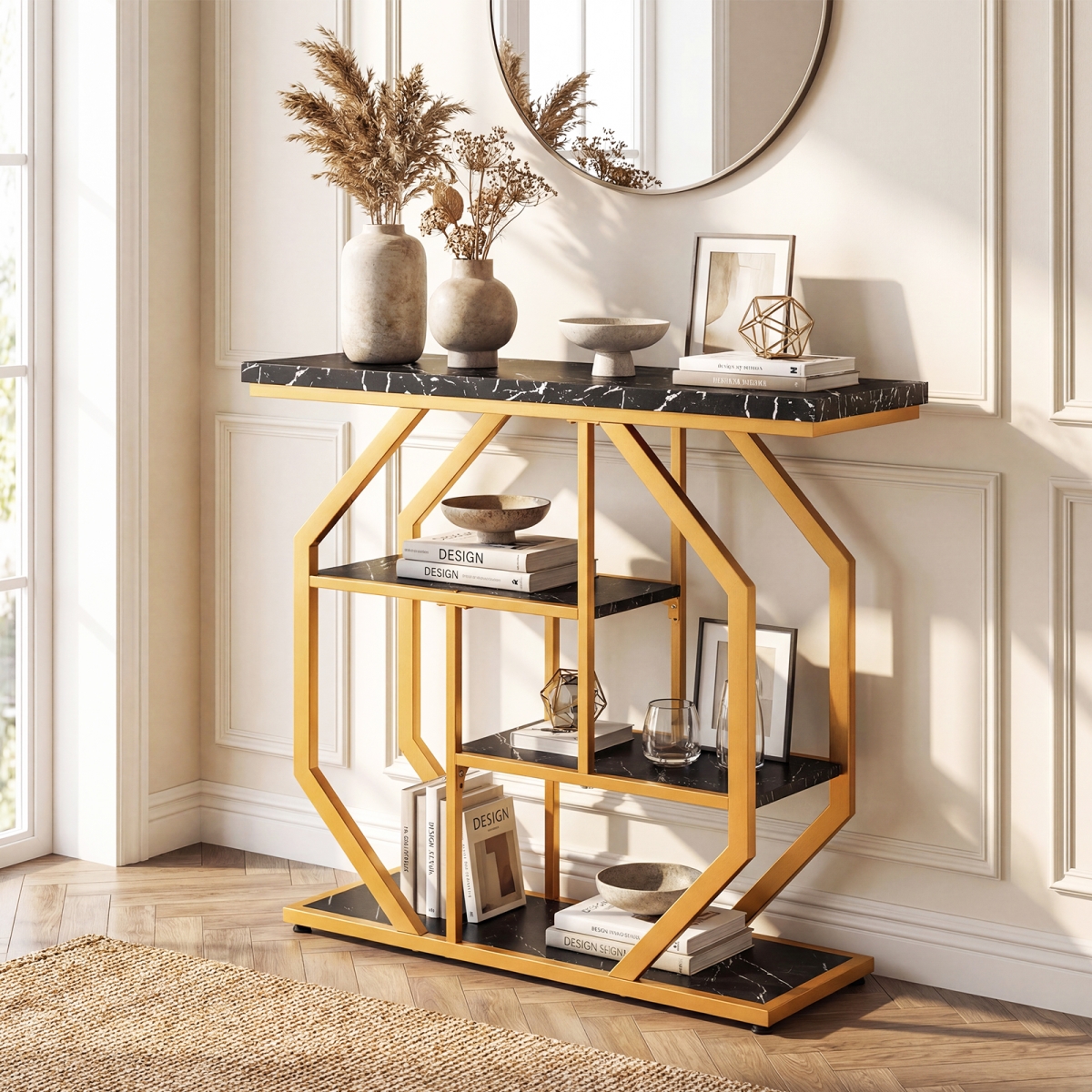 JV13295DK Modern Sofa Table Behind Couch 4-Tier Console Table with Faux Marble Tabletop - Black