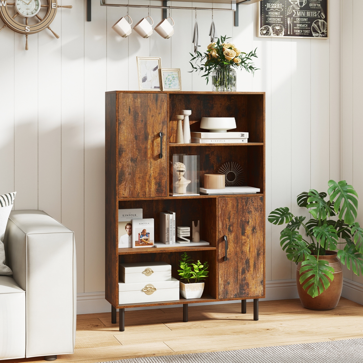 JV13372CF 47 in. Storage Cabinet Freestanding Bookcase with 2 Doors & 4 Open Shelves - Rustic Brown