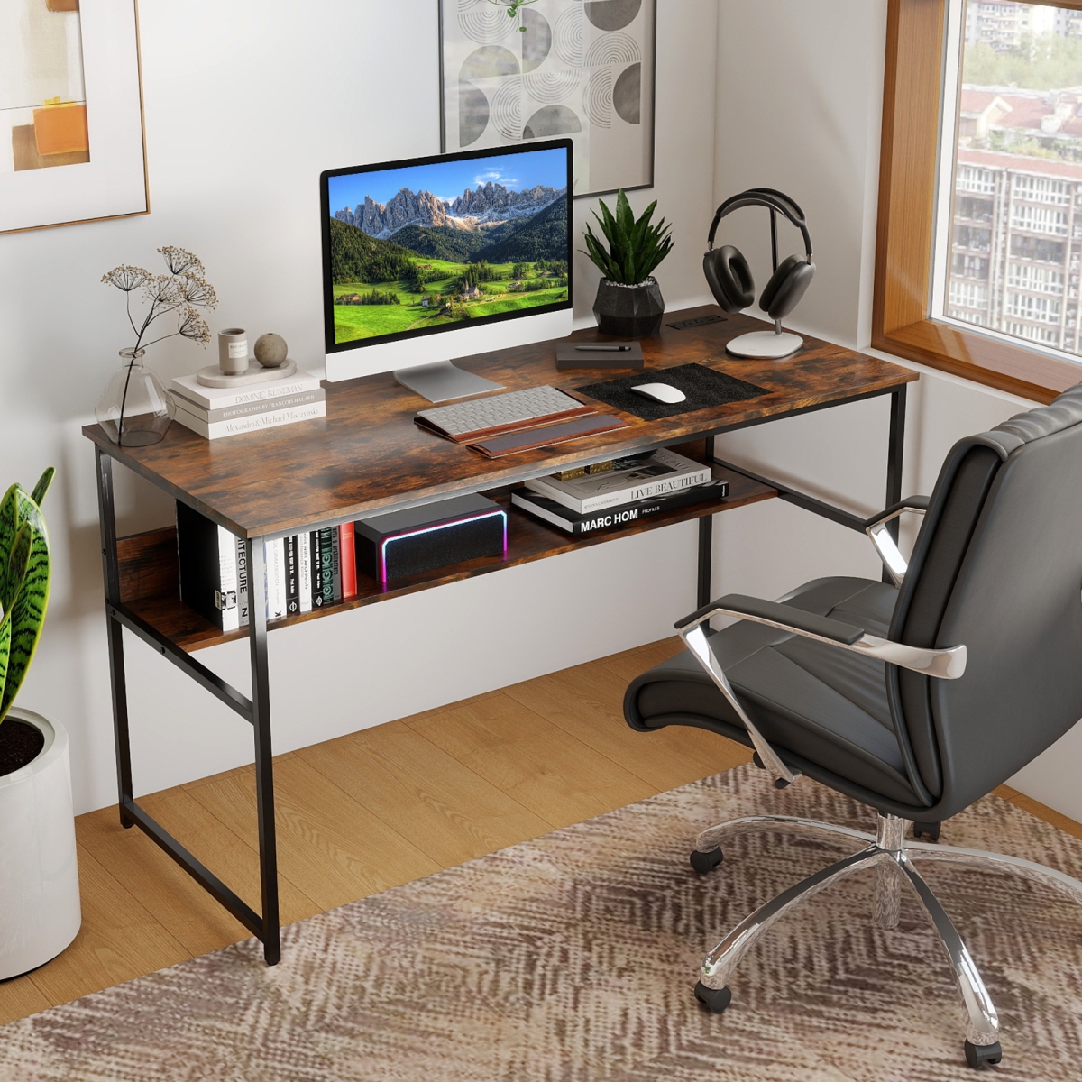 JV13452US-CF 55 x 24 in. Computer Desk with Power Outlets & USB Ports - Rustic Brown