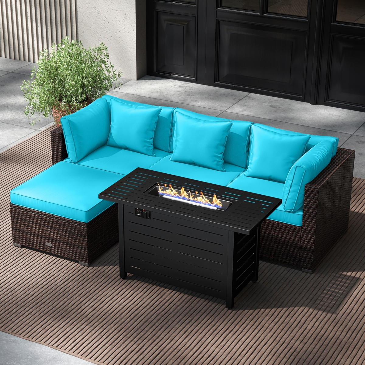 OP70370-HW66750ATU- Heavy-Duty Frame Rattan Sofa Set with 60000 BTU Firepit Table - Turquoise
