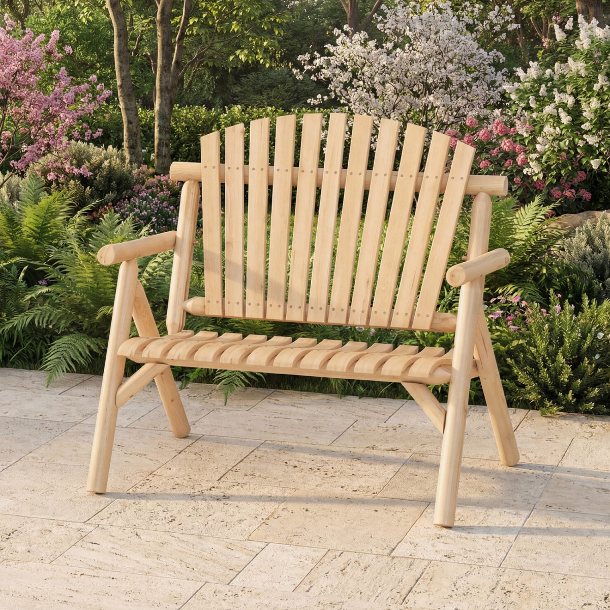 NP13278NA 2-Person Log Wood Patio Bench with Slatted Backrest for Deck Backyard - Natural
