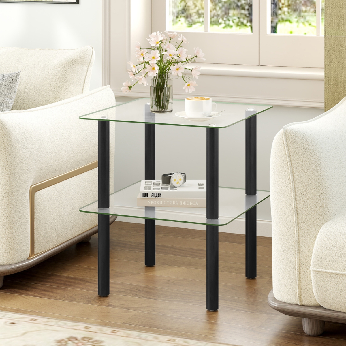 HV11063DK 2-Tier Square End Table with Shelf & Clear Tempered Glass Top - Black