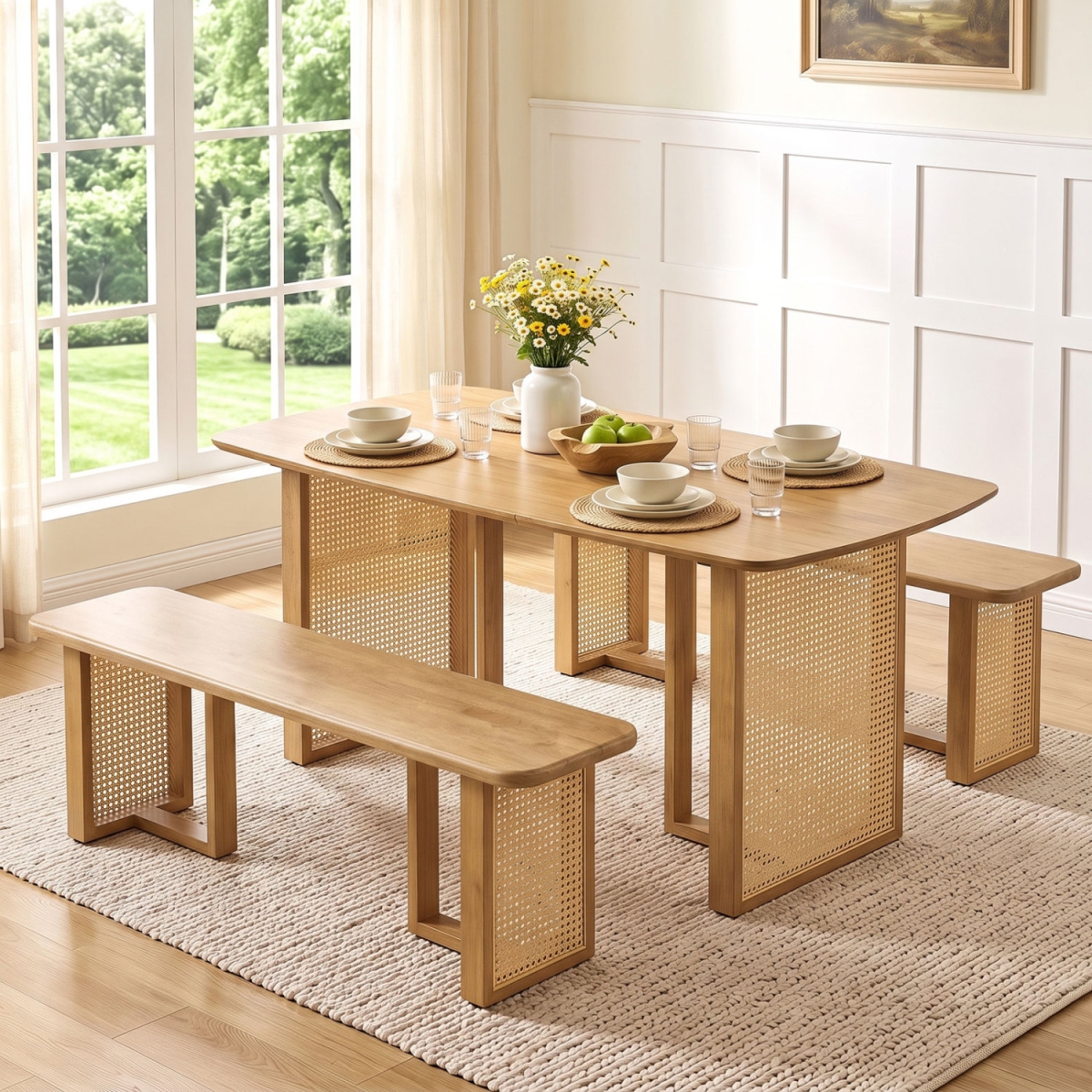 HV11094NA-2-JV14713NA 55 in. Solid Rubber Wood Dining Table Set Boho Rectangular Dining Table with 2 Benches - Natural