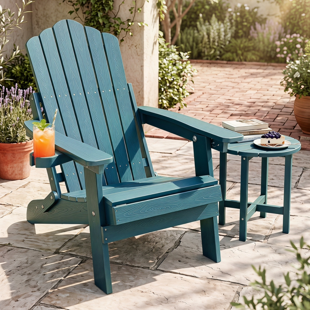 NP13571GN Outdoor Folding Adirondack Chair with Cup Holder & 5-Level Backrest - Green