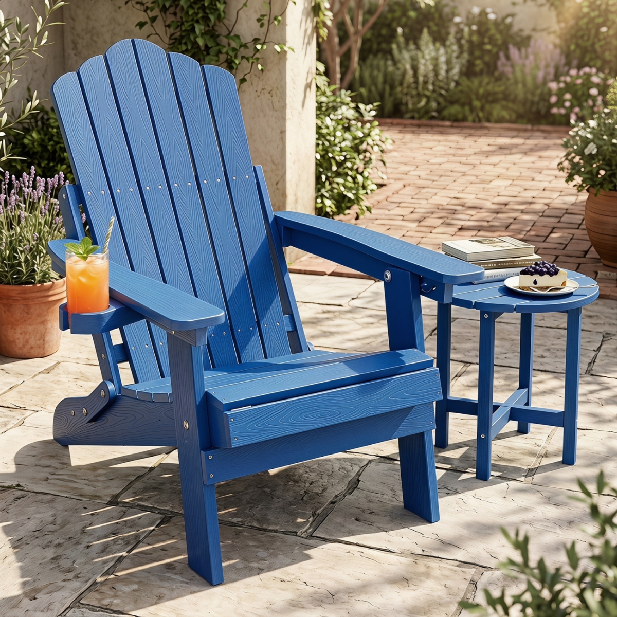 NP13571NY Outdoor Folding Adirondack Chair with Cup Holder & 5-Level Backrest - Navy