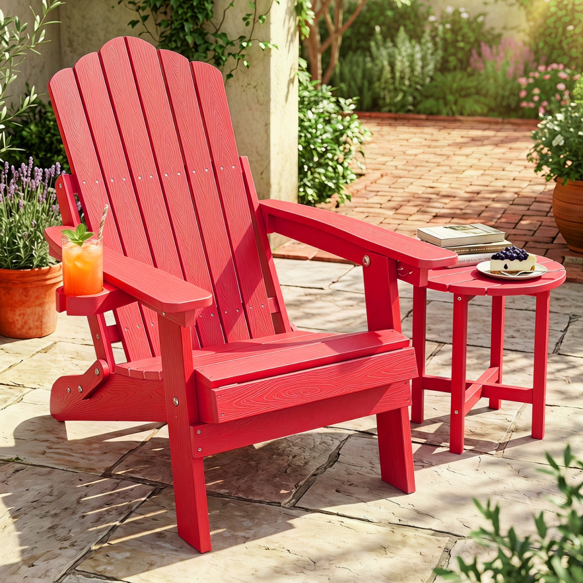 NP13571RE Outdoor Folding Adirondack Chair with Cup Holder & 5-Level Backrest - Red