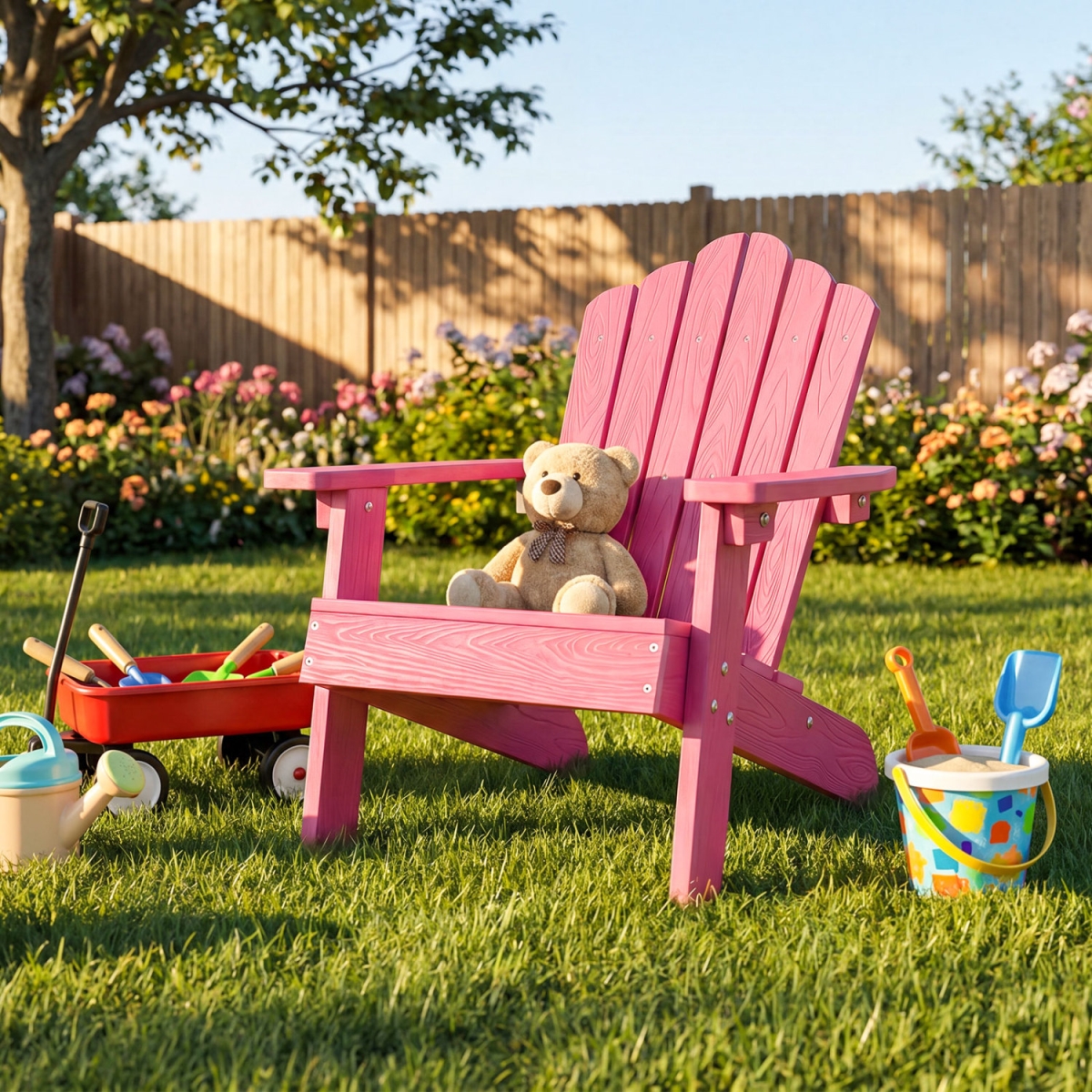 NP13592PI-1 Kids Adirondack All-Weather Outdoor Chair for Children with Tilted High Backrest - Pink