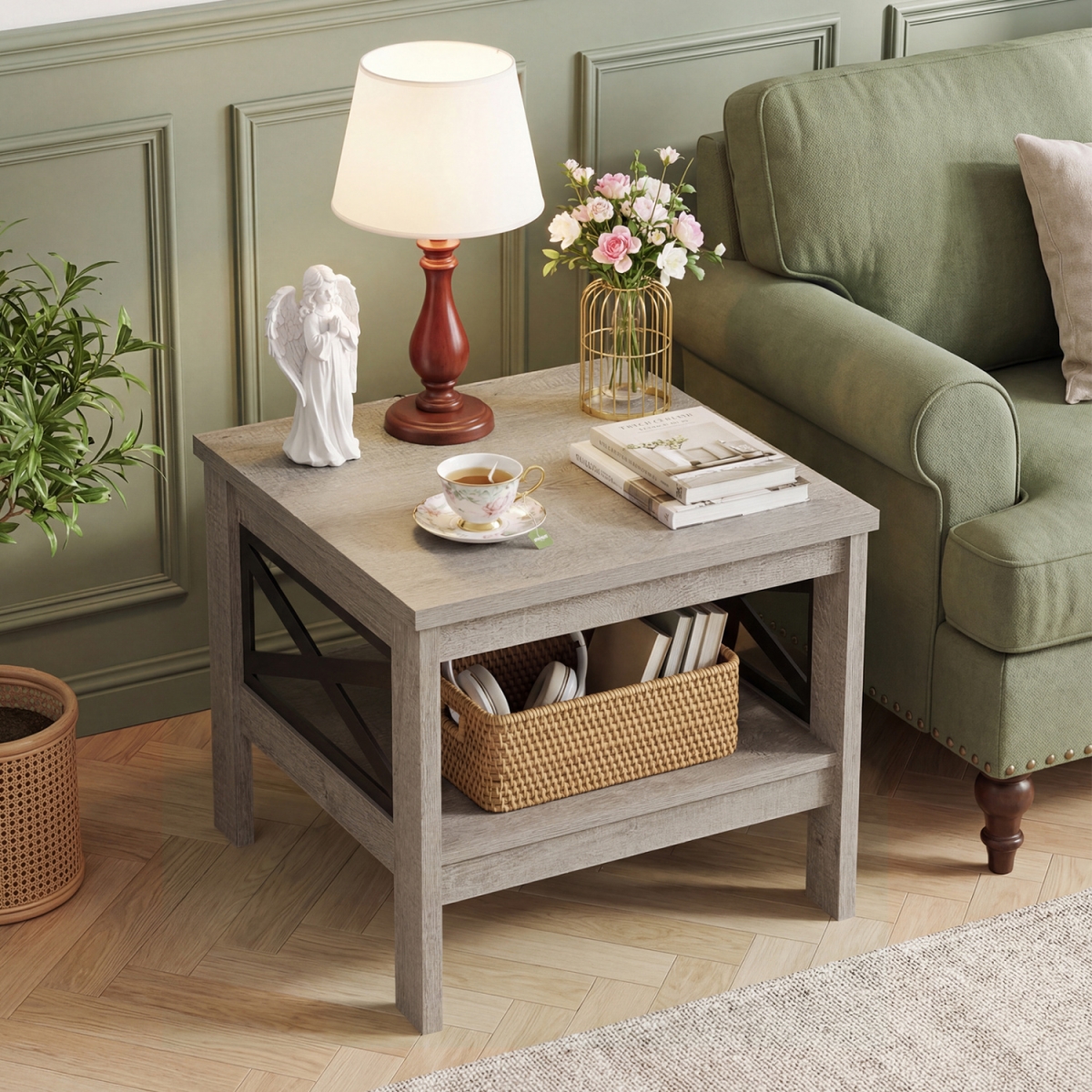 JV14183OA 2-Tier Square Side Table with Storage Shelf & X-Frame for Bedroom Living Room - Oak