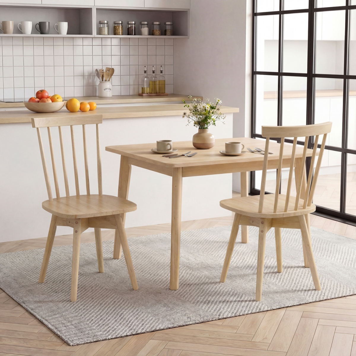 JV14207NA-2 Windsor Dining Chairs Mid Century Rubber Wood Kitchen Chairs with Swivel Seat - Natural - Set of 2