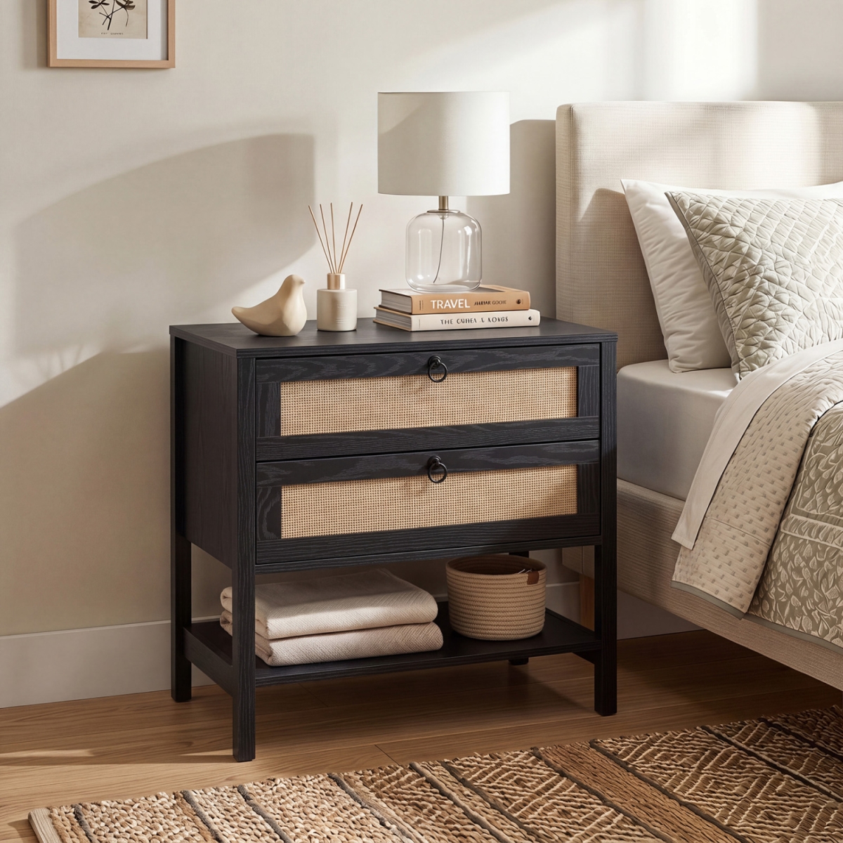 JV14215BK Boho Rattan Nightstand with 2 Drawers & Bottom Open Shelf - Black