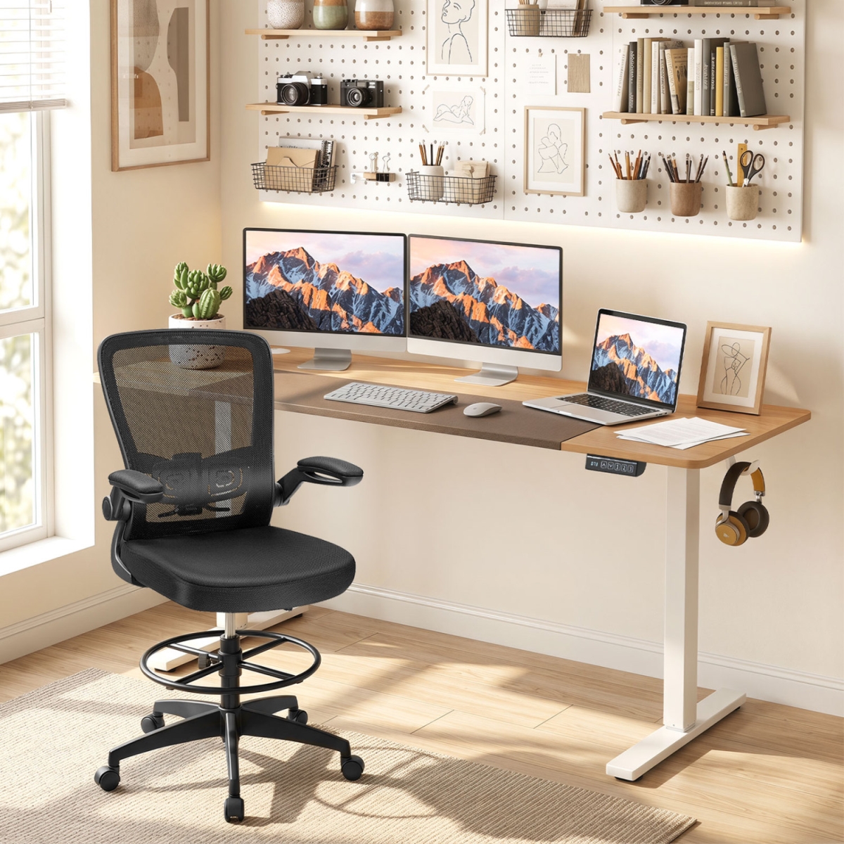 JV14380US-NA 63 x 24 in. Height Adjustable Sit Stand Computer Desk with 3 Memory Presets - Natural