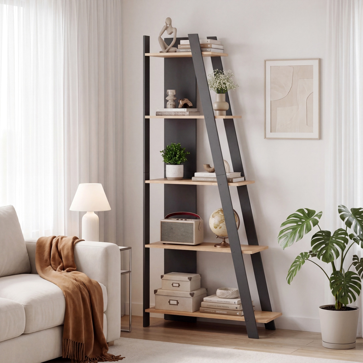 JV14446OA 5-Tier Modern Bookshelf Narrow Vertical Display Shelf for Small Space - Gray
