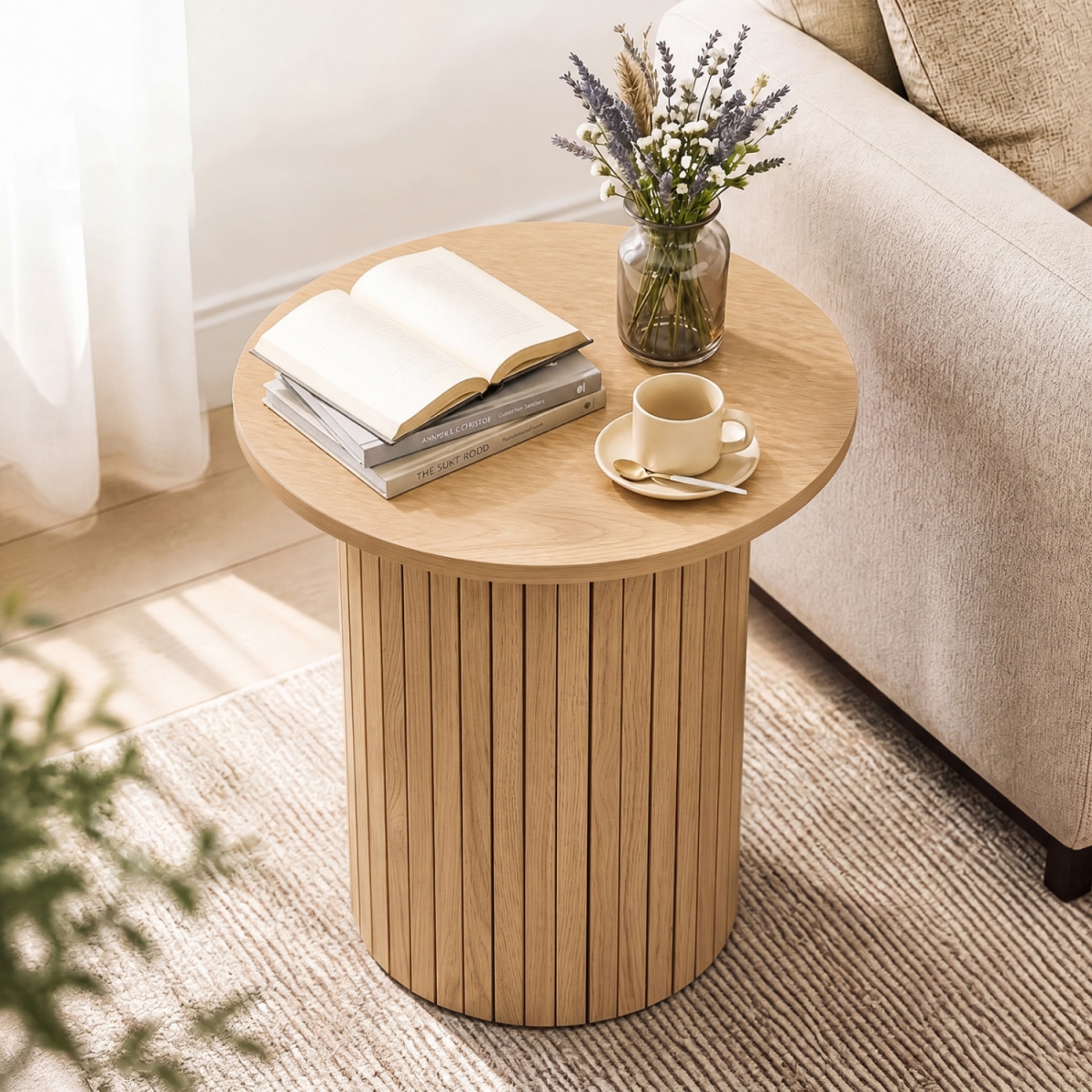 JV14474OK 18 in. Round Fluted Side Table with Pedestal Drum Design & Non-Slip Foot Pads for Small Spaces - Natural