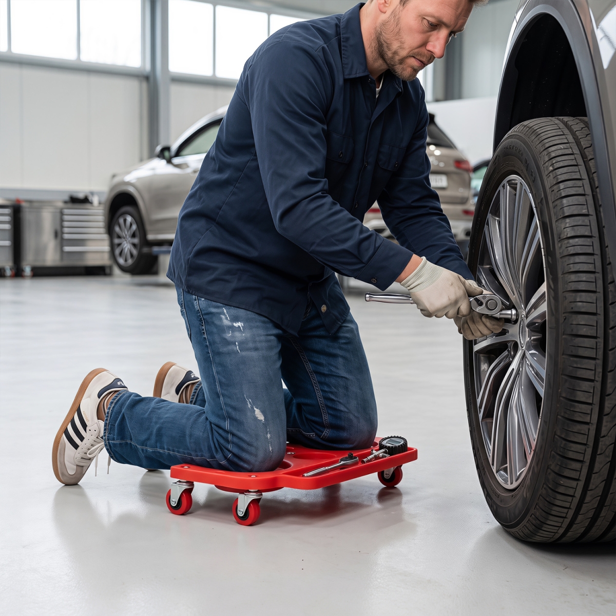 AU10107RE Rolling Knee Creeper with 360 Deg Swivel Casters Lightweight Kneeling Pads - Red