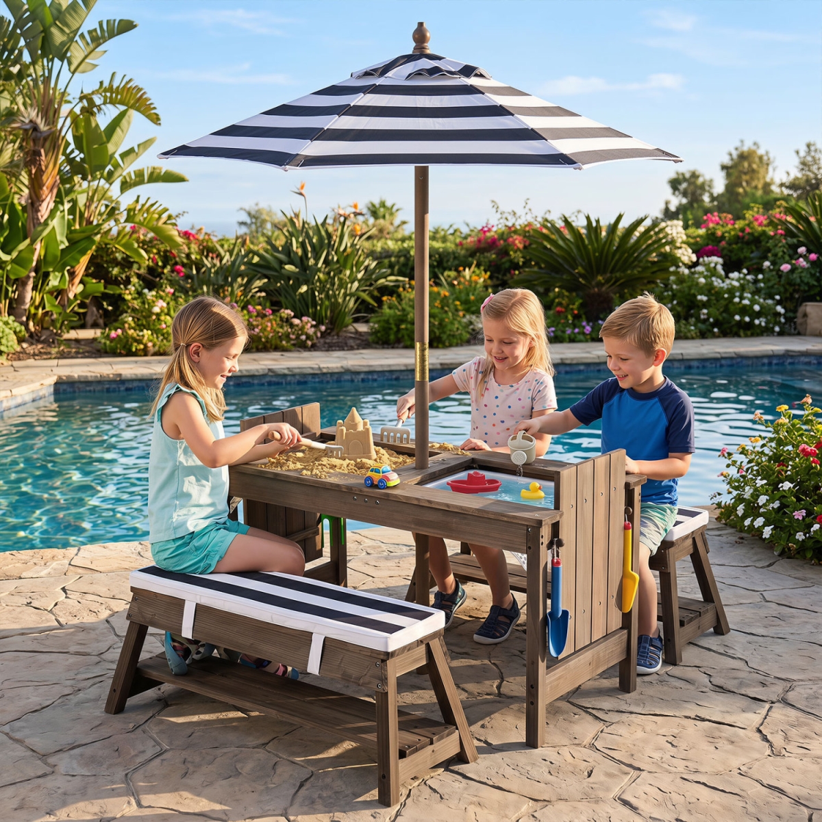 NP13091BL Outdoor Kids Wooden Picnic Table & Benches Set with Umbrella - Blue