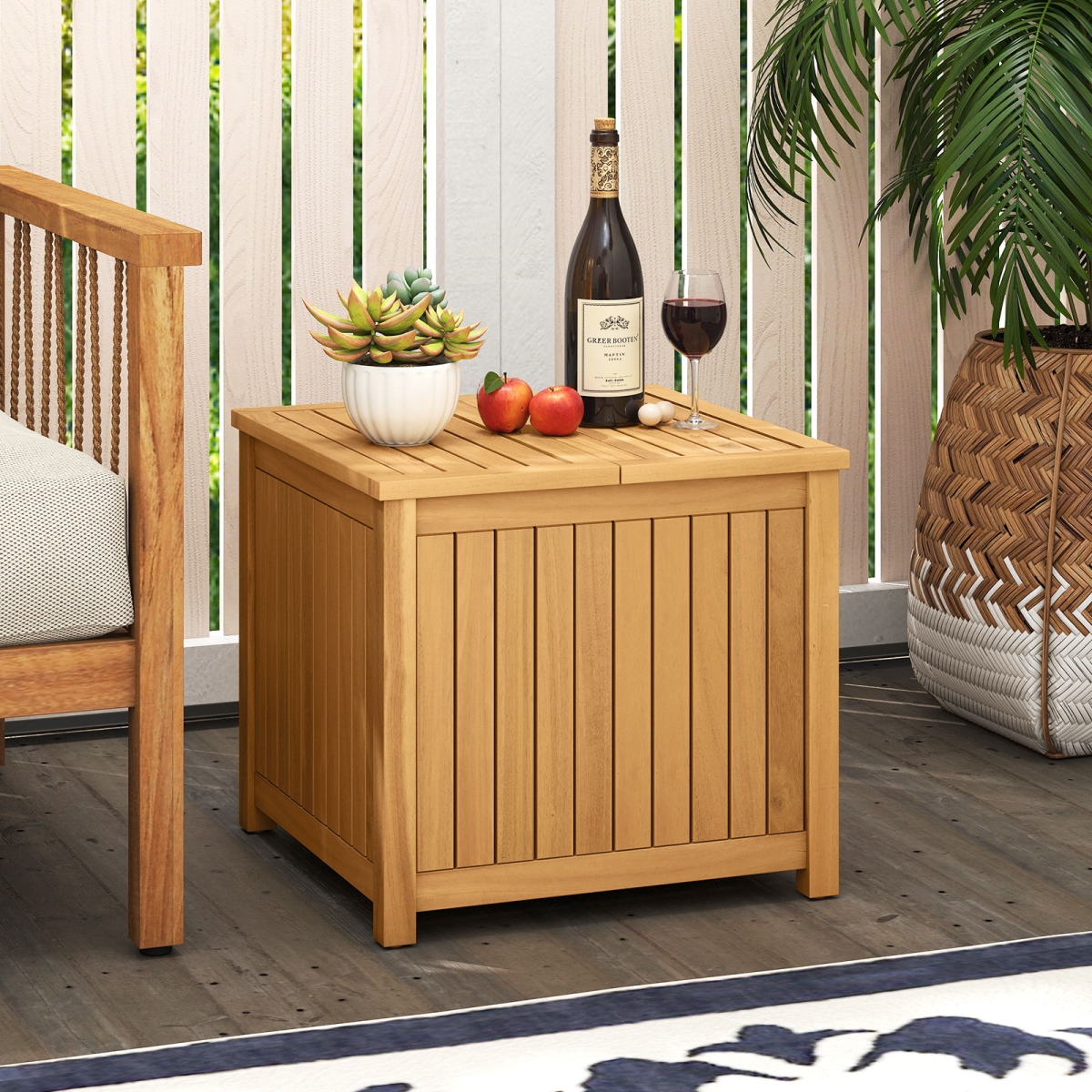 NP13136 2-in-1 Outdoor Side Table with Storage Acacia Wood Slatted Coffee Table Square Slatted End Storage Box - Natural