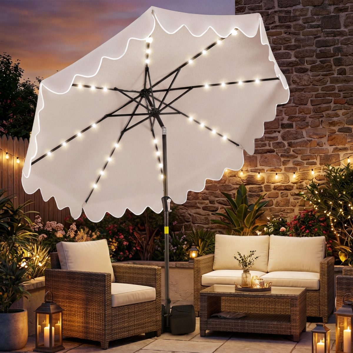 NP13207BE 9 ft. Outdoor Patio Umbrella with Solar LED Lights & Weighted Base - Beige