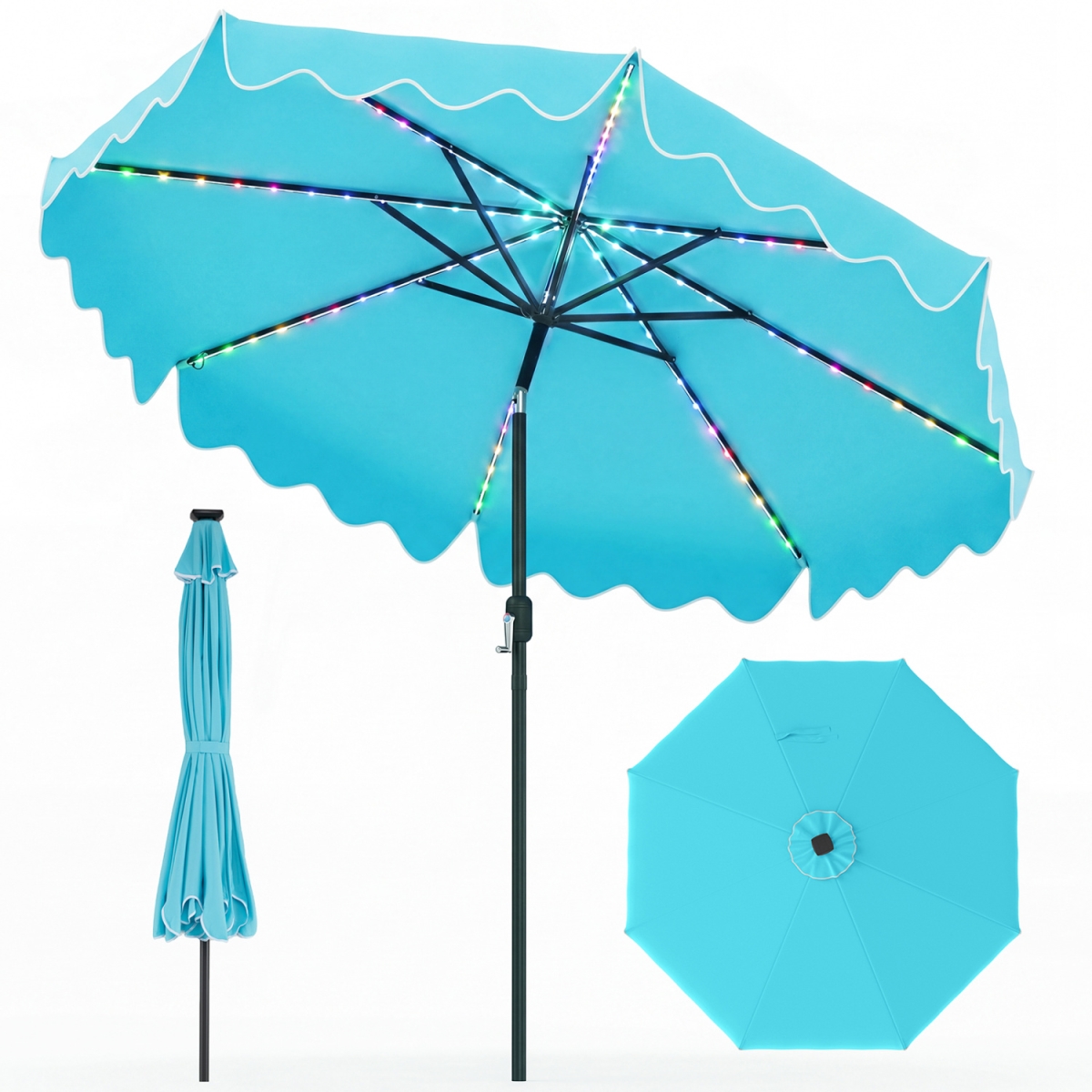 NP13307TU 9 ft. Solar Patio Umbrella with Color-Changing LED Lights - Turquoise