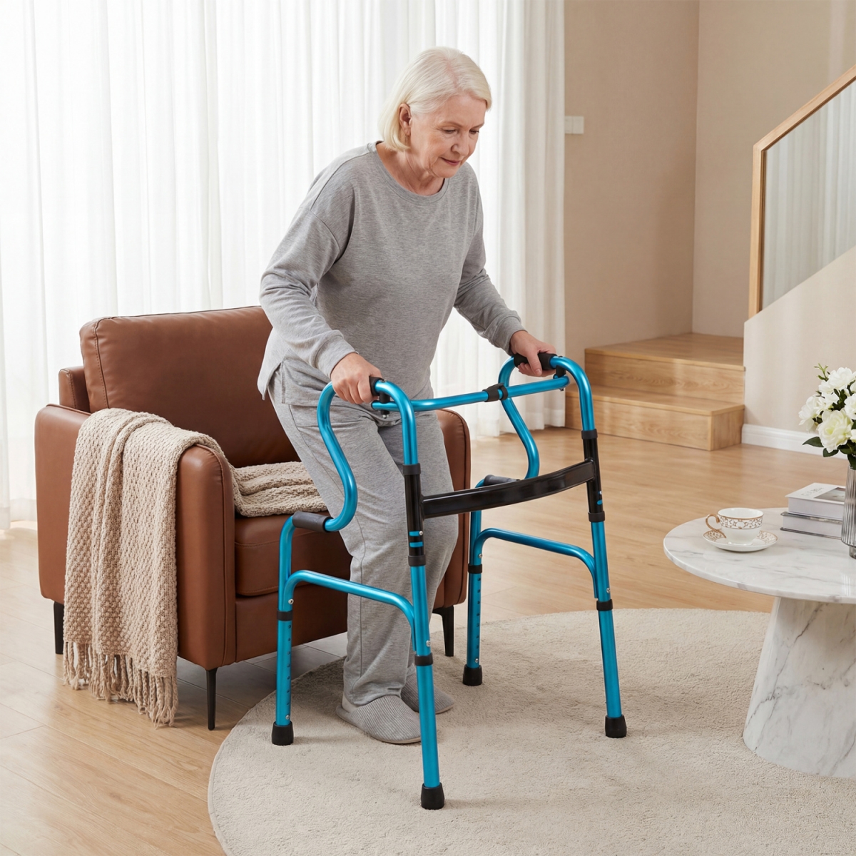 SP0582NY One-Button Folding Aluminum Frame Folding Walker for Seniors & Limited Mobility Users - Navy