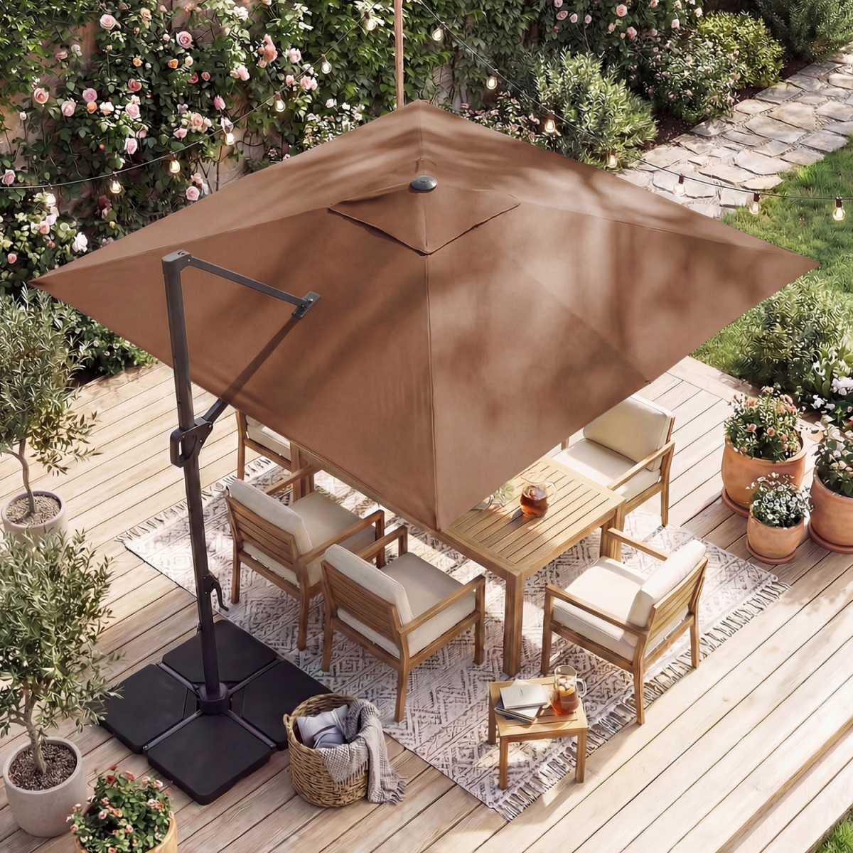 NP13285CF-NP12183 10 ft. Cantilever Patio Umbrella with 32 Solar LED Lights & 220 lbs Base - Brown