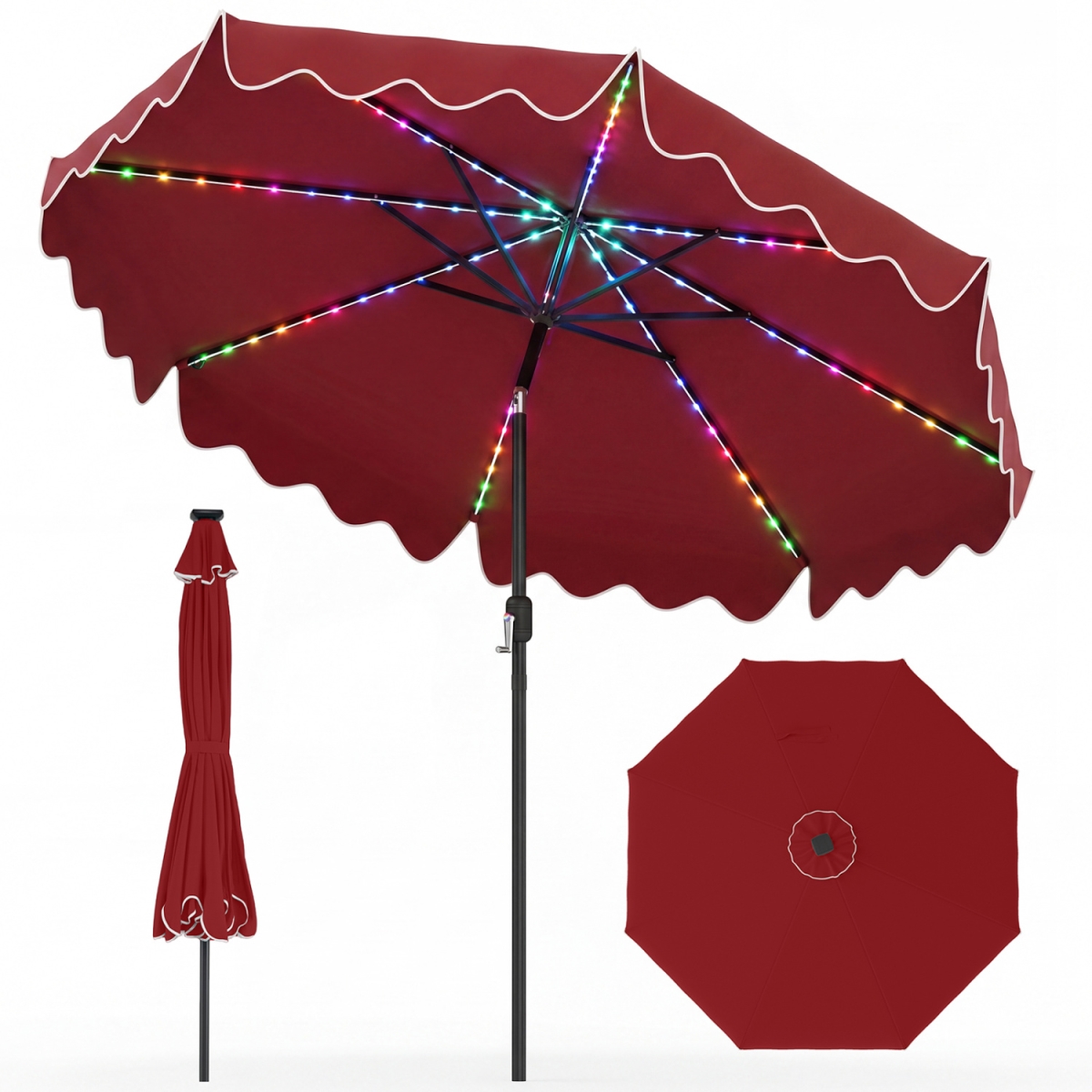 NP13307WN 9 ft. Solar Patio Umbrella with Color-Changing LED Lights - Wine