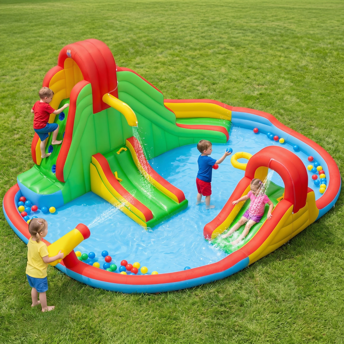 NP13415 Kids Inflatable Water Park with Splash Pool & 3 Water Slides - Blower Not Included - Multi Color
