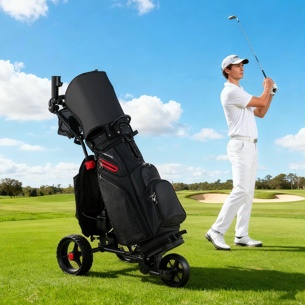 SP38432US 3 Wheel Golf Bag Cart with Adjustable Handle & 9 Speed Settings - Black