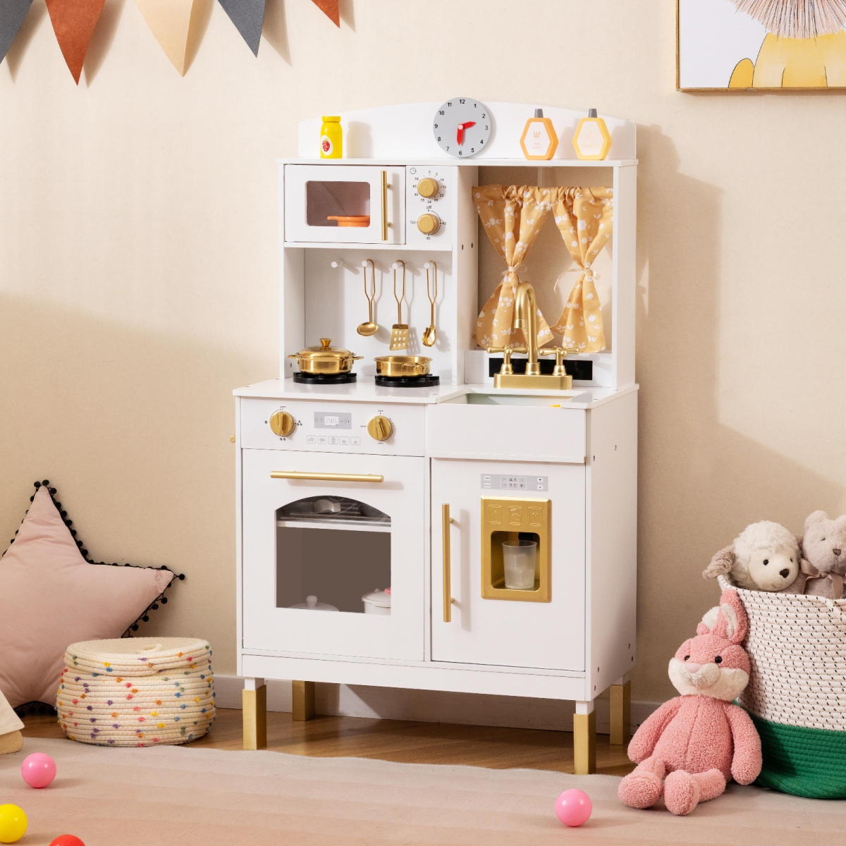 TP10321GD Play Kitchen for Kids Wooden Chef Pretend Playset with 3 Adjustable Heights Microwave - Gold