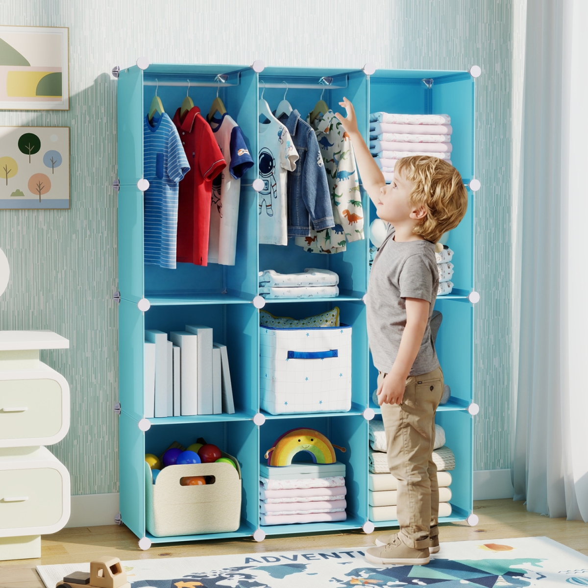 TP10561BL Modular Baby Wardrobe with 10 Cubes & Hanging Rod & Shelves Stackable - Blue