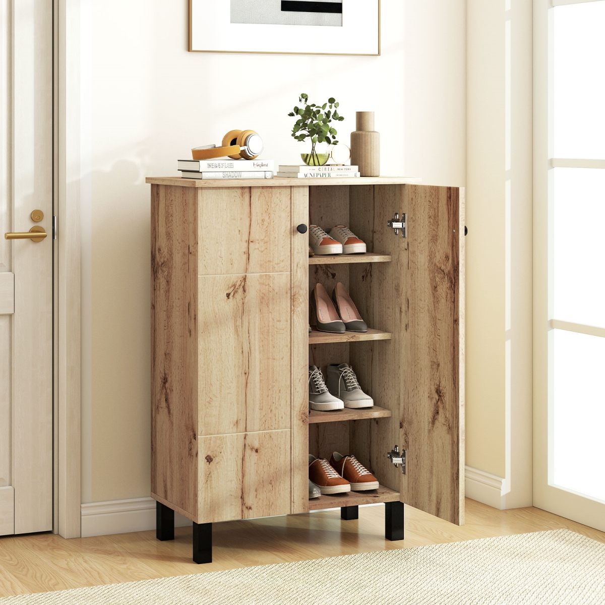 JV13235NA 4-Tier Shoe Organizer with Removable Shelves & 2 Doors - Natural