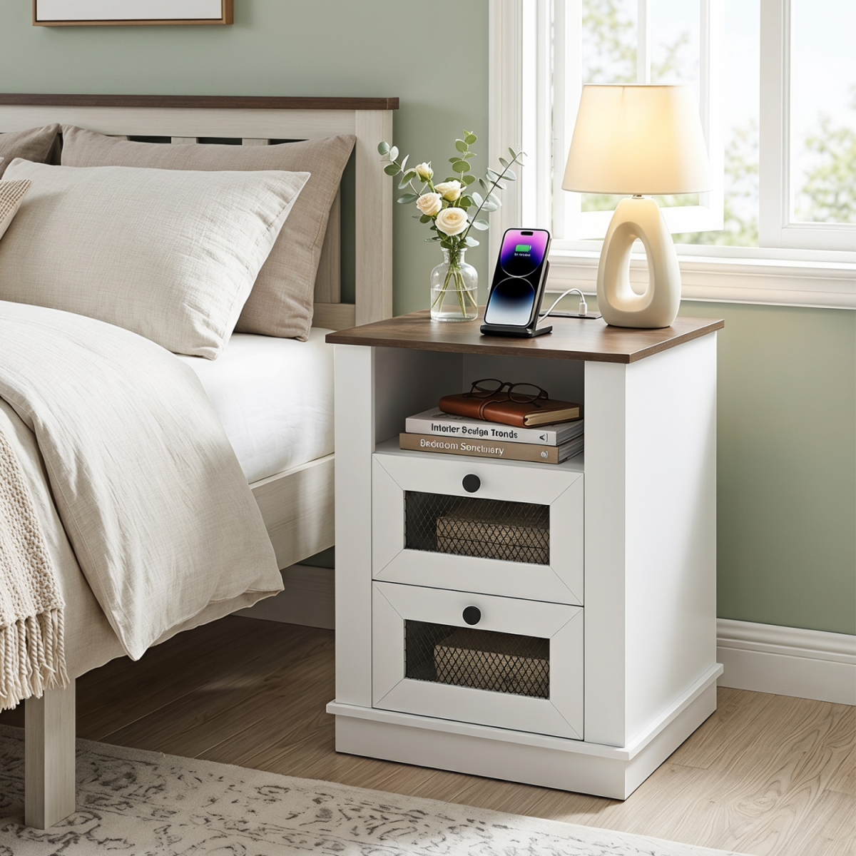 HU11252US-CF Nightstand with Charging Station & 2 Drawers Storage Compartment for Bedroom - Rustic Brown