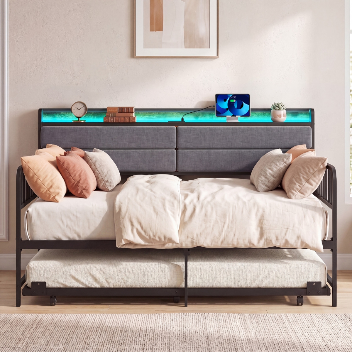 HU11294US-CF Twin Size Daybed with Trundle & Metal Bed Frame with Headboard - Rustic Brown