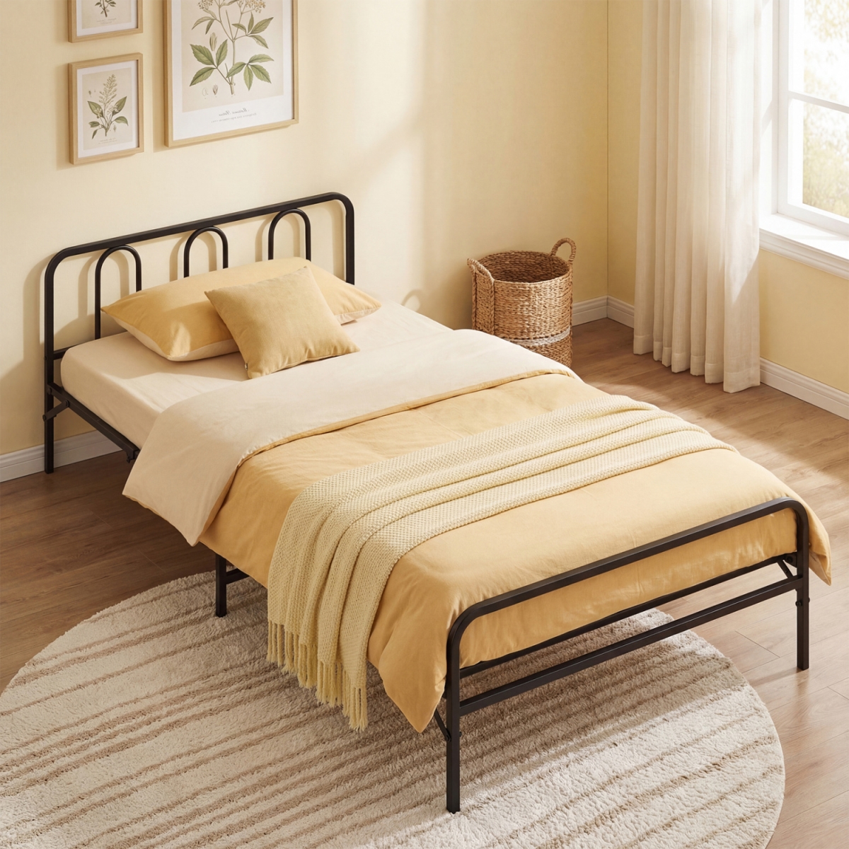 HU11317DK Heavy Duty Metal Foldable Bed Frame with Headboard & Footboard - Black - Twin Size