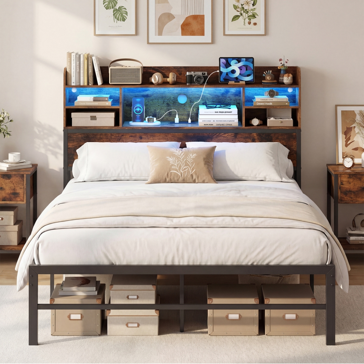 HU11335US-F Bed Frame with Headboard LED Lights & Charging Station - Rustic Brown - Full Size