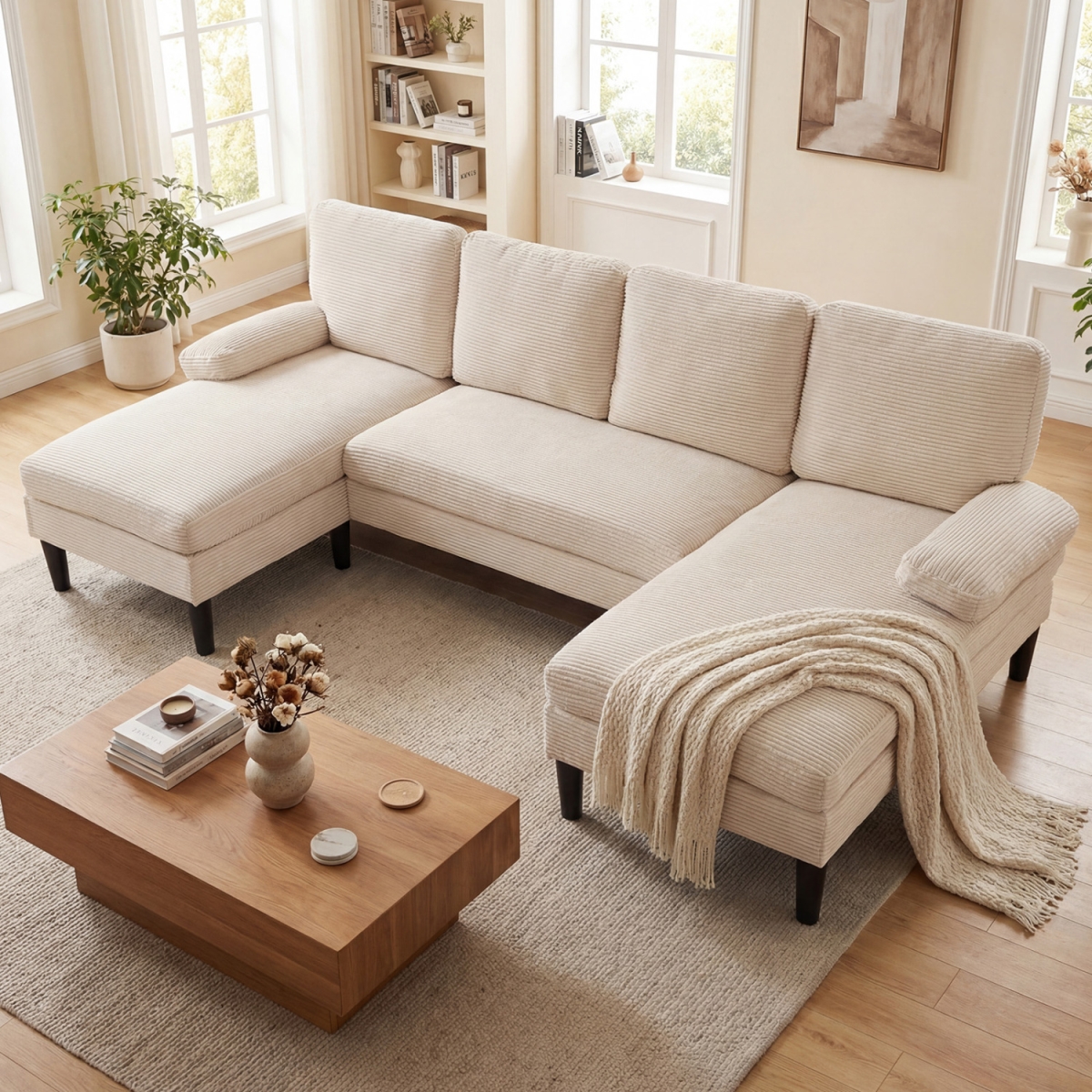HU11363BE U-Shaped Sectional Couch with Double Chaise for Living Room - Beige