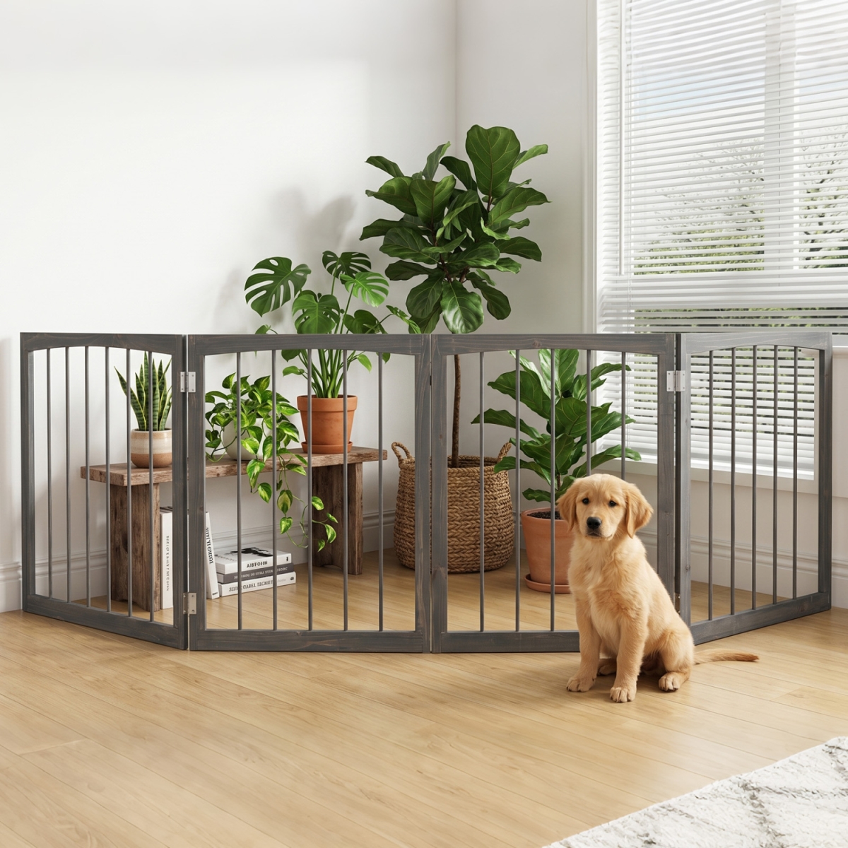 PS7908GR 83 x 30 in. Dog Gate 4-Panel Wooden Pet Fence for Indoor - Gray