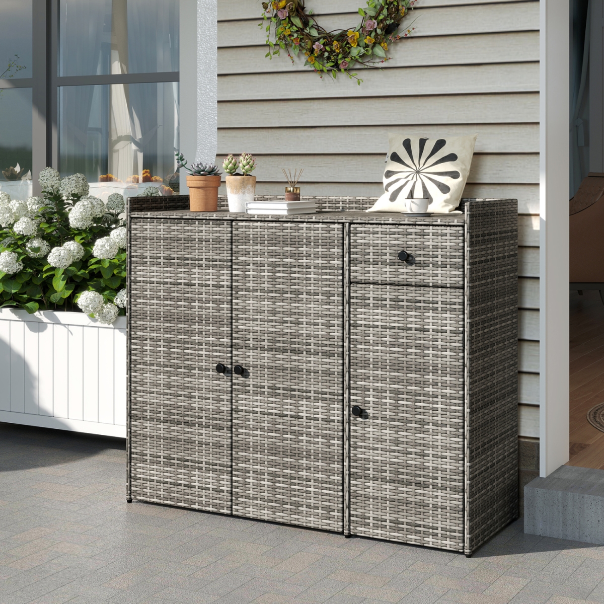 HW76071GR 3 Doors Outdoor PE Wicker Storage Cabinet for Deck - Gray