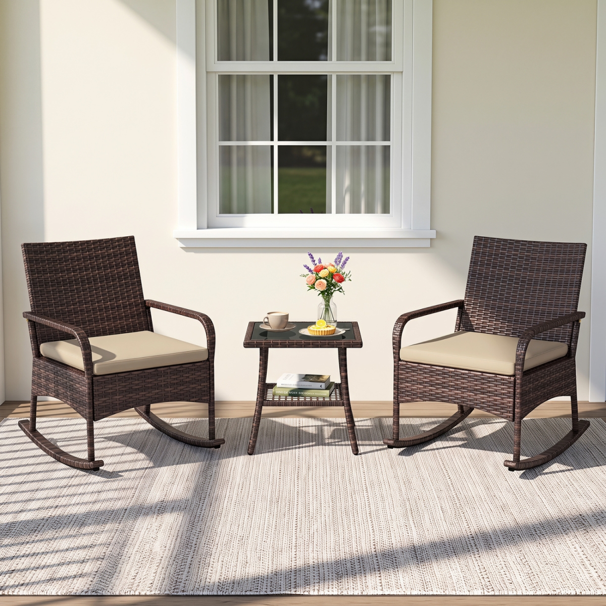 HW76103BN PE Wicker Rocking Bistro Set with 2-Tier Side Table Cushions & Ergonomic Armchairs for Porch - Brown - 3 Piece