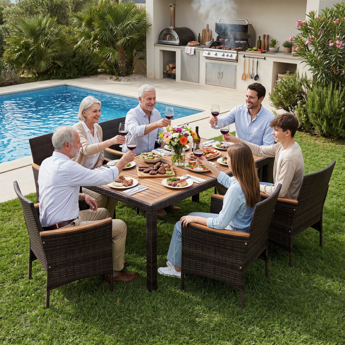 HW76172BN- Patio Dining Set with Wood Tabletop & Padded Cushion for Backyard - Brown - 7 Piece