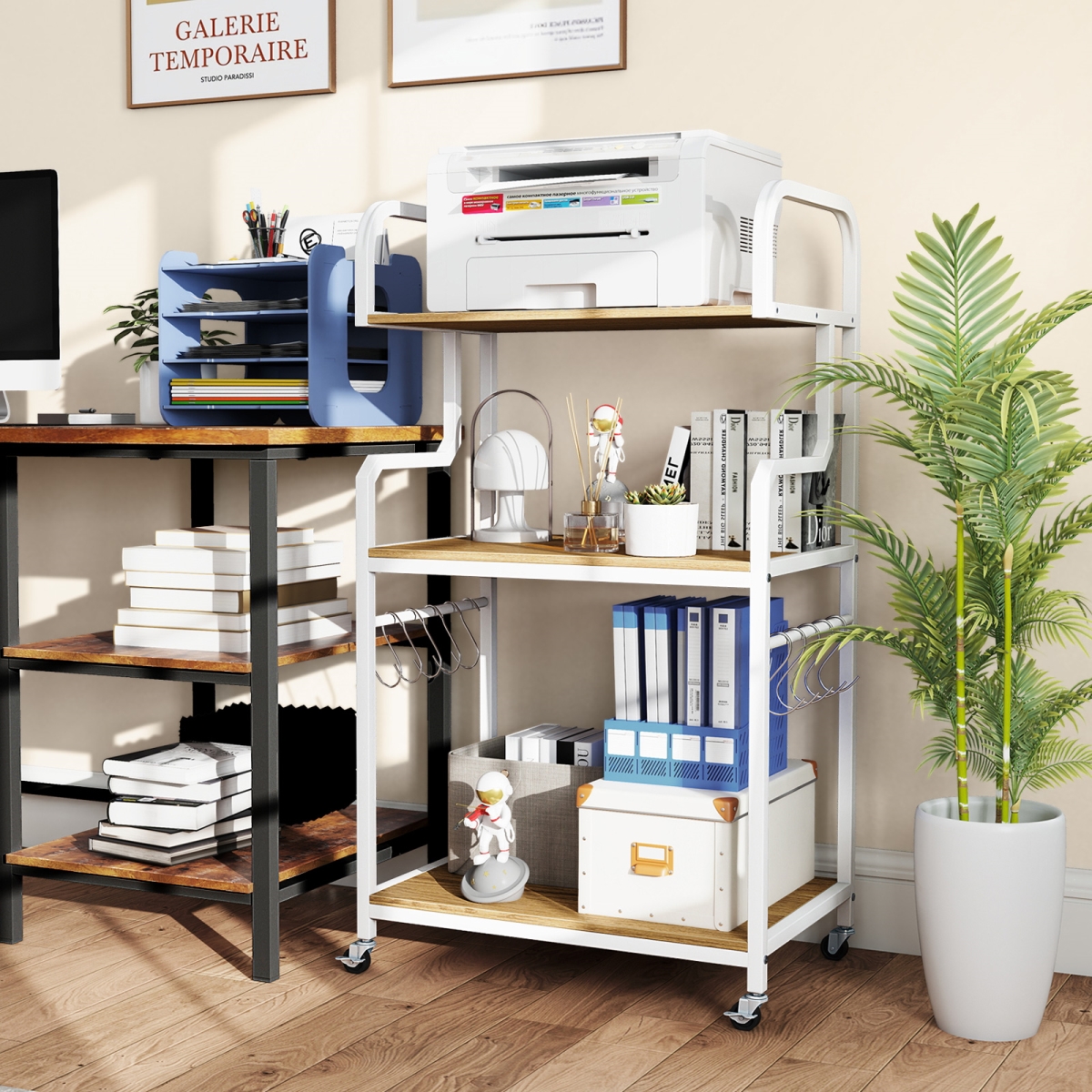 JV13344NA 3-Tier Rolling Printer Stand Home Office Large Printer Cart with Storage Shelves - Natural